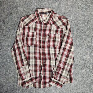 Lucky Brand Western Pearl Snap Shirt Men XL Red White Plaid Pockets‎ Long Sleeve